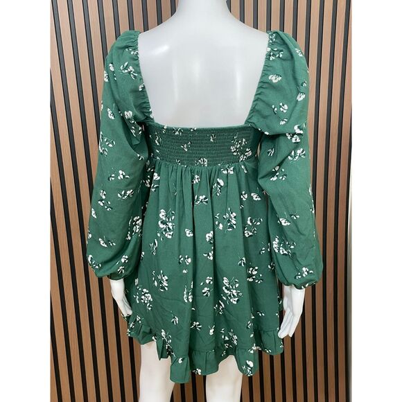 Abercrombie & Fitch Women's Dress Mini Boho Peasant Smock Ruched S Green Floral - Picture 2 of 9